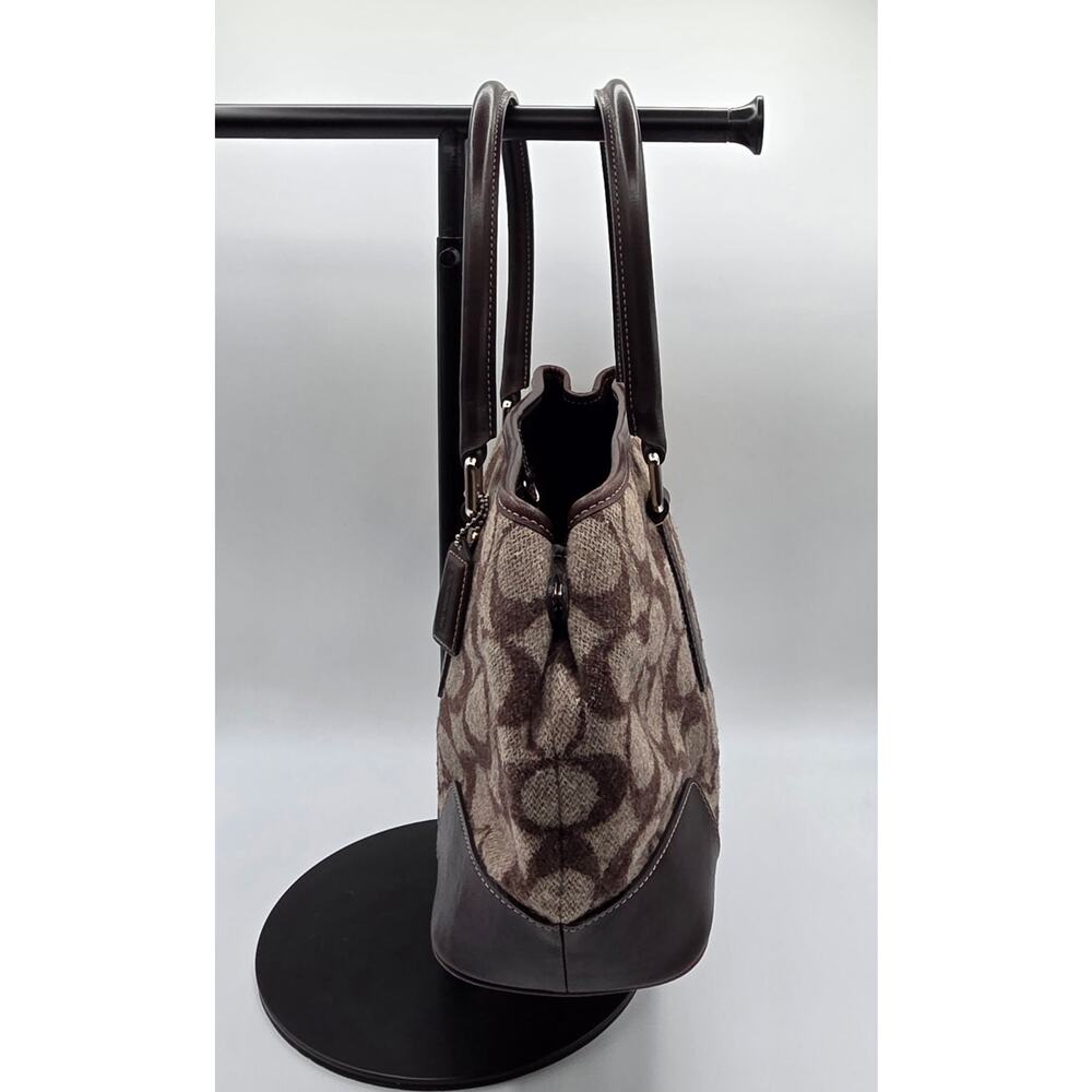Vintage Coach FJ7721 Signature Wool Tote Brown Leather Handbag - Picture 4 of 16